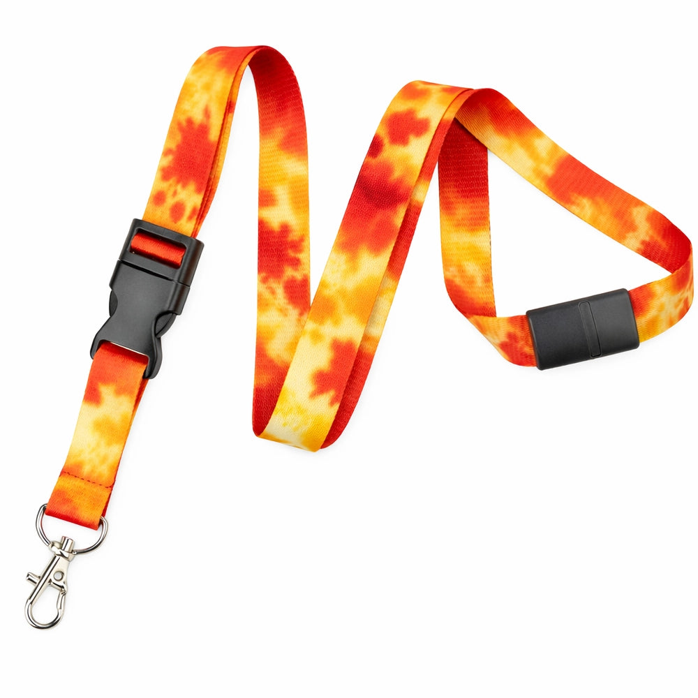 red orange and yellow lanyard with 2 breakaway buckles