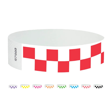 tyvek 3/4" wristbands - checks pattern in neon red, purple, neon yellow, neon pink, neon orange, neon green, neon blue, coral red and black.