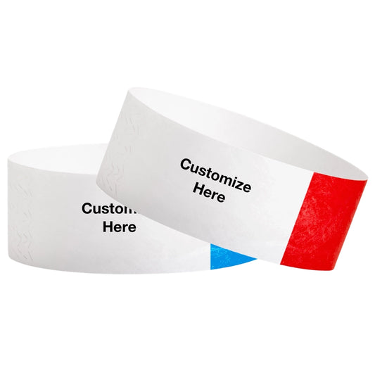 custom 1" tyvek half flood wristbands shown with a placeholder for customization in neon blue and neon red