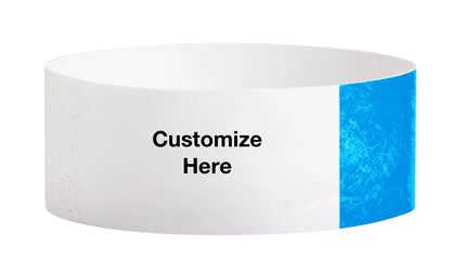 custom 1" tyvek half flood wristbands shown with a placeholder for customization in neon blue