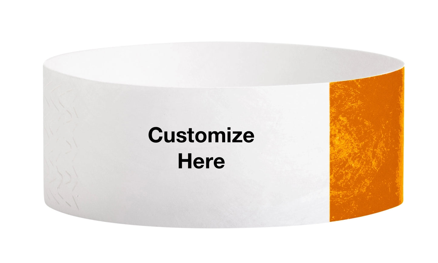 custom 1" tyvek half flood wristbands shown with a placeholder for customization in neon orange