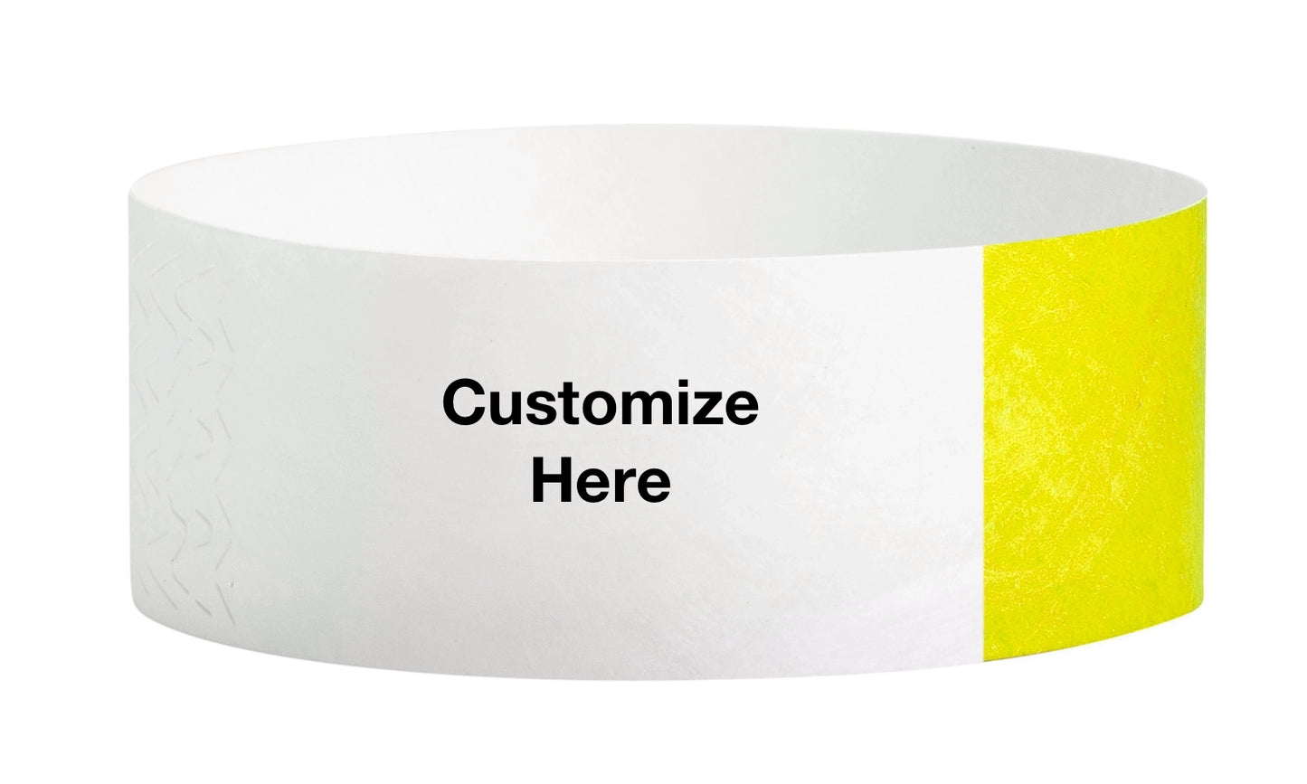 custom 1" tyvek half flood wristbands shown with a placeholder for customization in neon yellow