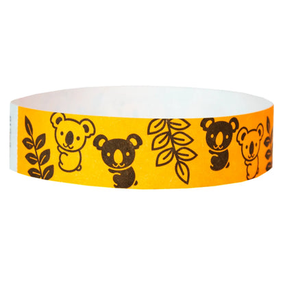 neon orange tyvek wristband with black koalas and leaves - round version shown