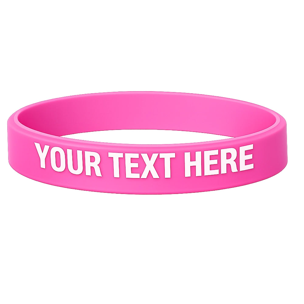 pink silicone wristband with white wording to show where you can put your custom message