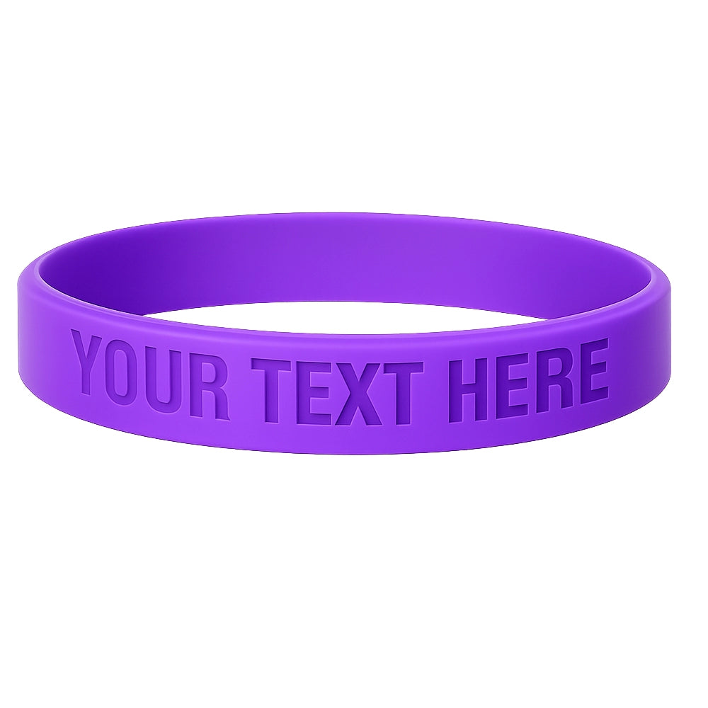 debossed silicone wristband in purple with a placeholder for your customization
