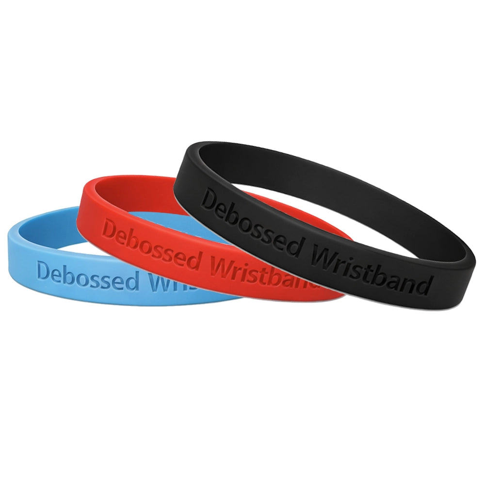debossed silicone wristbands in sky blue, red and black