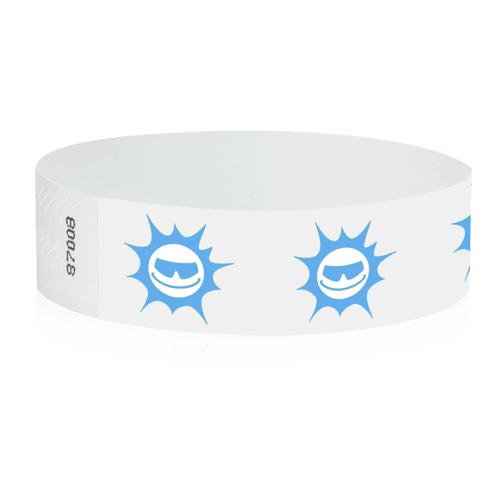 White tyvek wristband with neon blue sunface design - round version shown