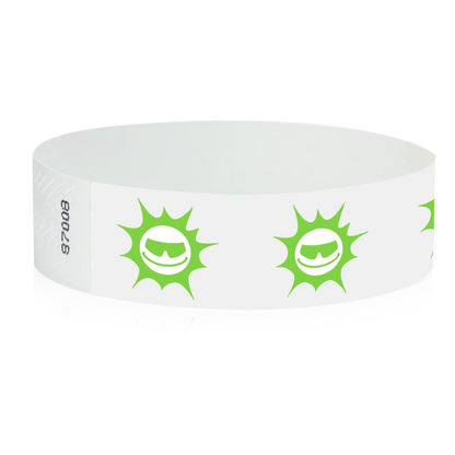 White tyvek wristband with neon green sunface design - round version shown