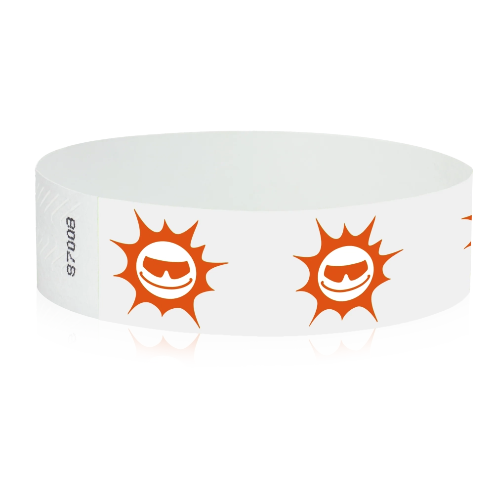 White tyvek wristband with neon orange sunface design - round version shown