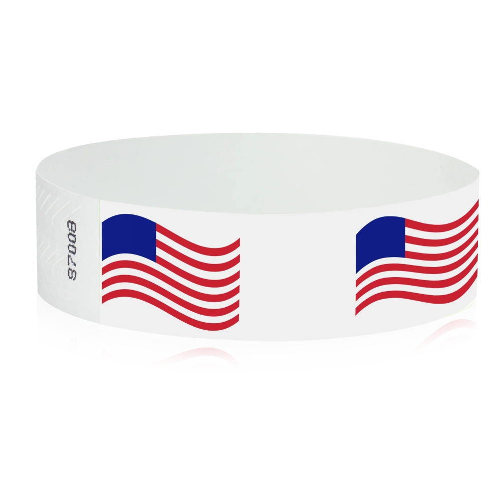 White wristband with wavy american flags across the band - shown in round