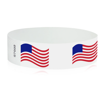 White wristband with wavy american flags across the band - shown in round