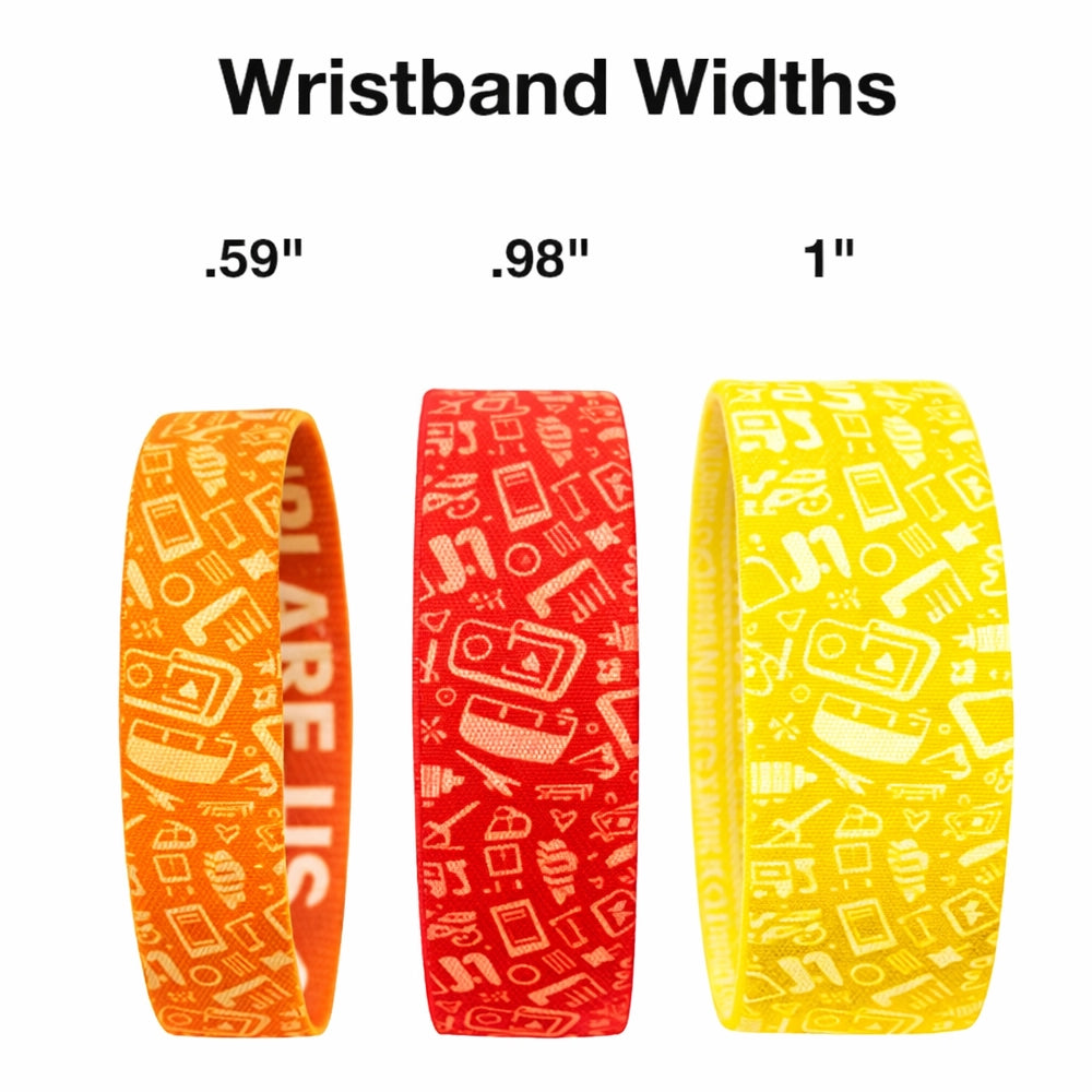 elastic fabric wristbands in different colors showing the different widths available.