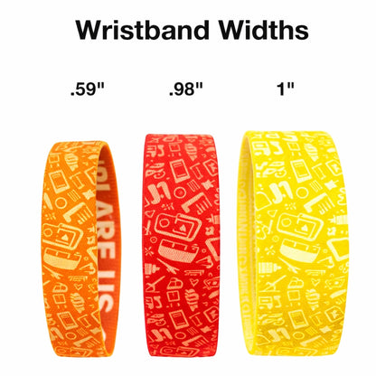 elastic fabric wristbands in different colors showing the different widths available.