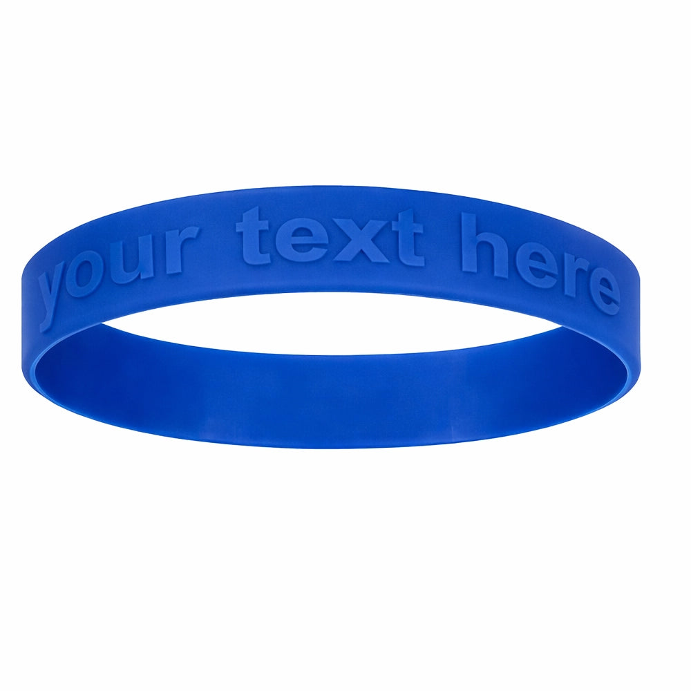 embossed silicone wristband in blue with placeholder text for your customization