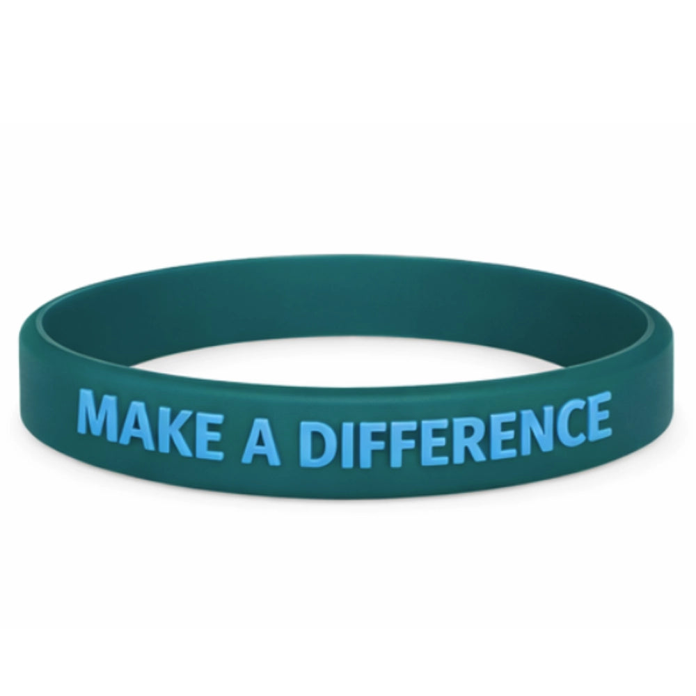 teal silicone wristband with embossed print in blue