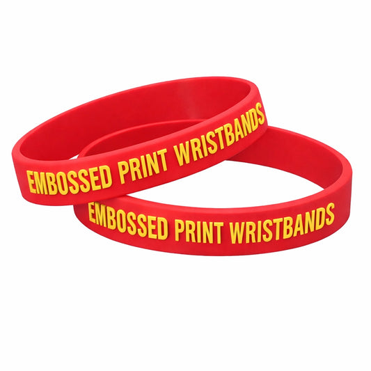 embossed printed silicone wristbands in red with yellow ink 