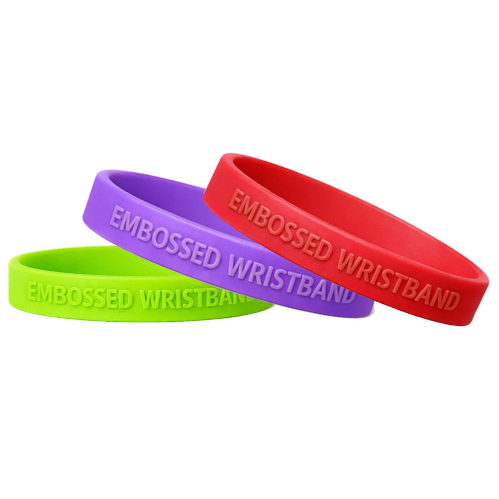 embossed silicone wristbands in lime, purple and red