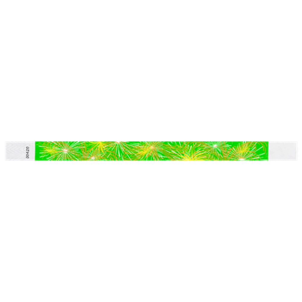 tyvek Wristband with fireworks design on a neon green background - flat version shown