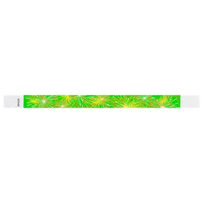 tyvek Wristband with fireworks design on a neon green background - flat version shown