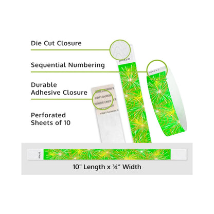 Fireworks tyvek wristband detail product page showing the die cut adhesive closure, sequential numbering, perforated sheets of 10 and the dimensions.