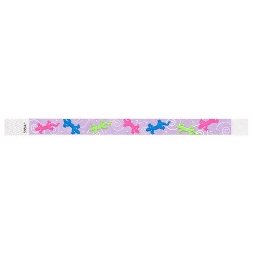 Berry tyvek Wristband with neon pink, neon blue and neon green gecko design - flat version shown