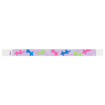 Berry tyvek Wristband with neon pink, neon blue and neon green gecko design - flat version shown