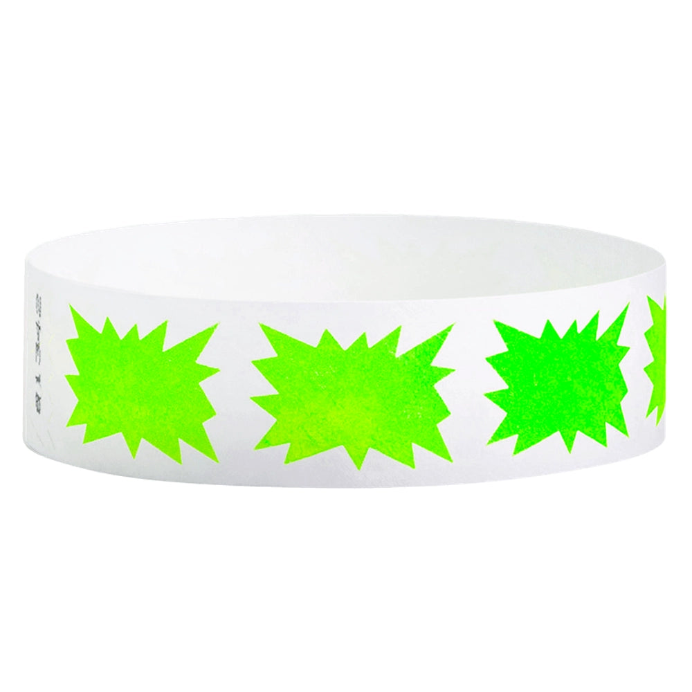 White tyvek wristband with neon green starburst pattern - round version shown
