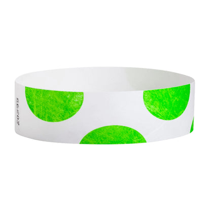 White wristband with neon green half circles - round version shown