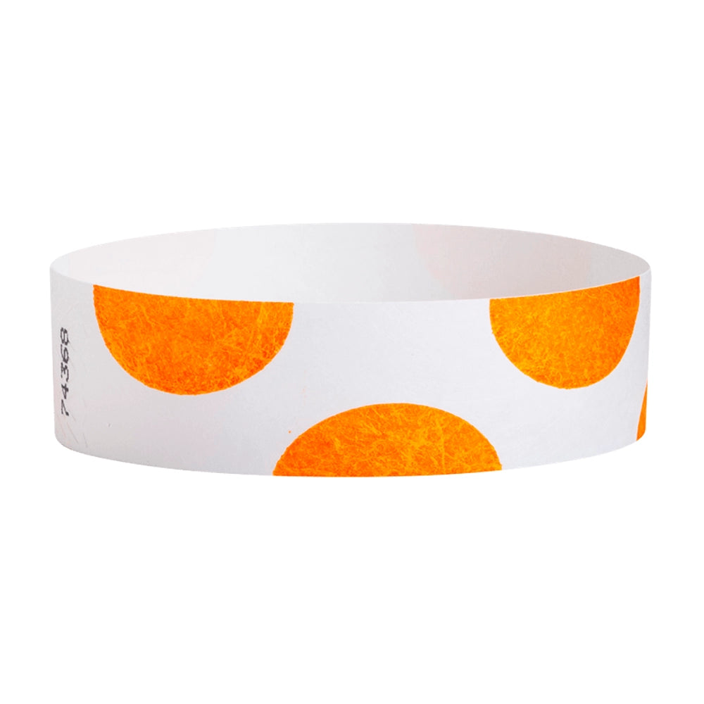 White wristband with neon orange half circles - round version shown