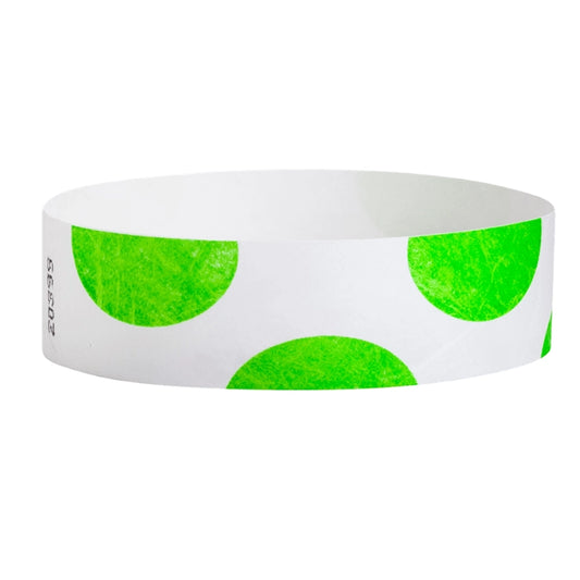 White wristband with neon green half circles - round version shown