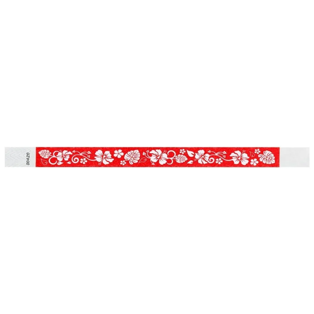 Red tyvek wristband with white hawaiian floral pattern - flat version shown