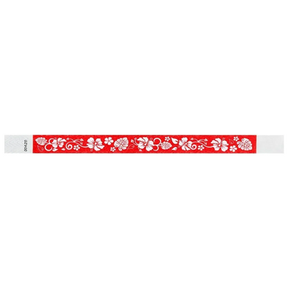 Red tyvek wristband with white hawaiian floral pattern - flat version shown