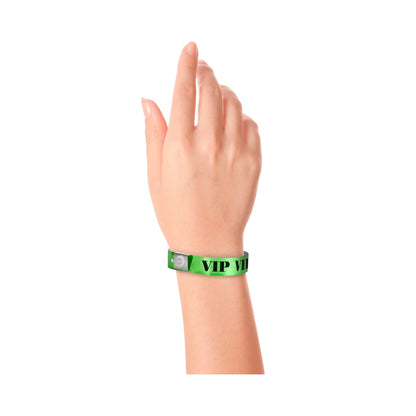 green holographic wristband with text "VIP" printed in black across the band - shown on wrist