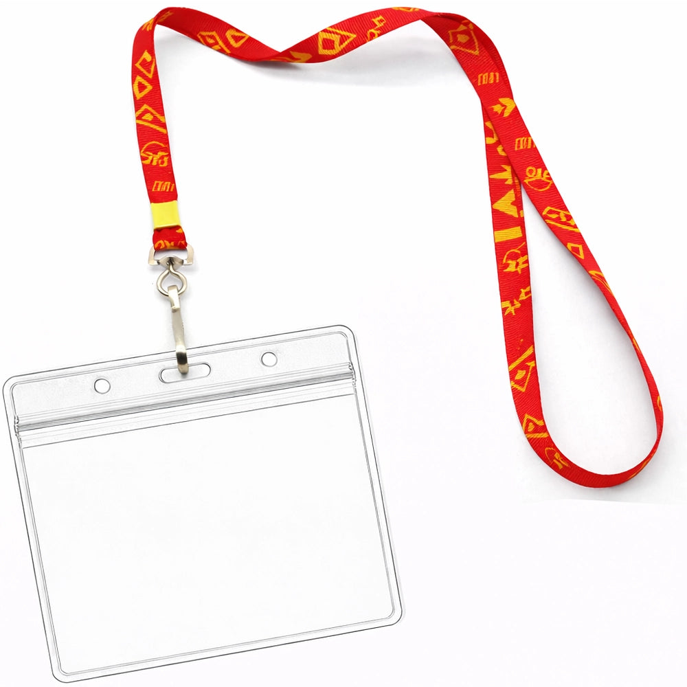 red and yellow lanyard showcasing a horizontal badge holder