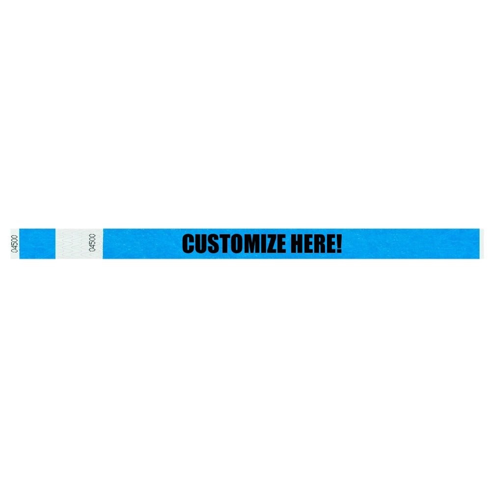Tyvek detacheble stub wristband in neon blue with text "CUSTOMIZE HERE!" in black - shown in flat 