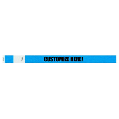 Tyvek detacheble stub wristband in neon blue with text "CUSTOMIZE HERE!" in black - shown in flat 