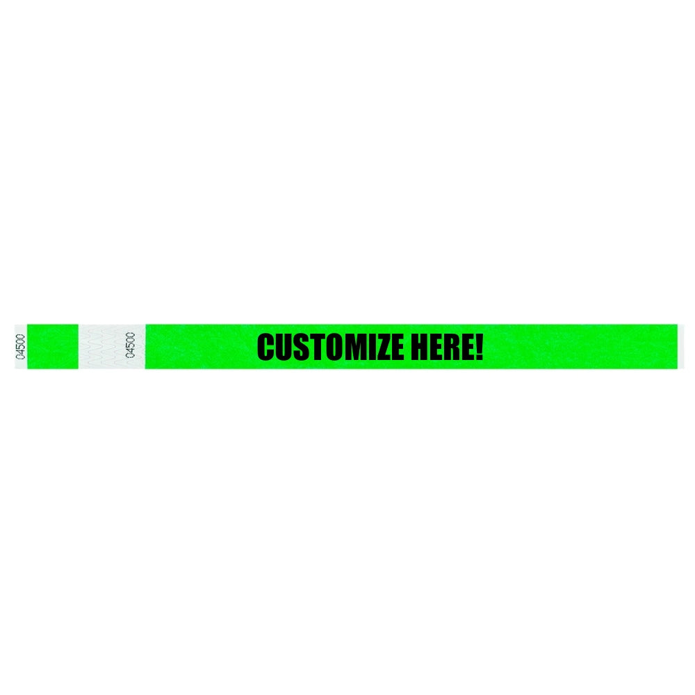 Tyvek detacheble stub wristband in neon green with text "CUSTOMIZE HERE!" in black - shown in flat 