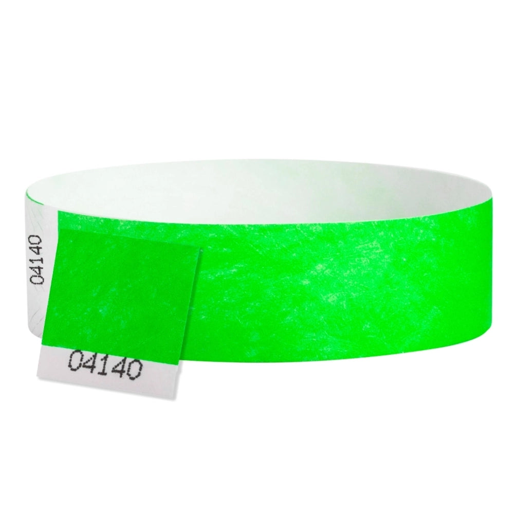 Tyvek detacheble stub wristband in neon green - shown in round 