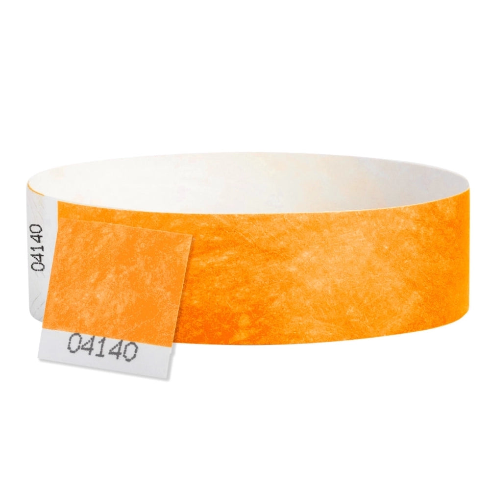 Tyvek detacheble stub wristband in neon orange - shown in round 