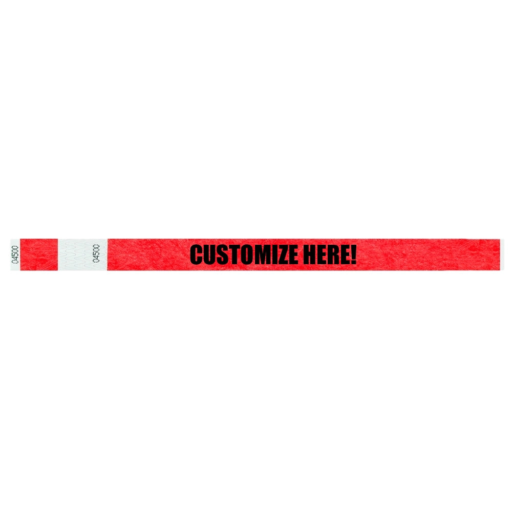 Tyvek detacheble stub wristband in neon red with text "CUSTOMIZE HERE!" in black - shown in flat 