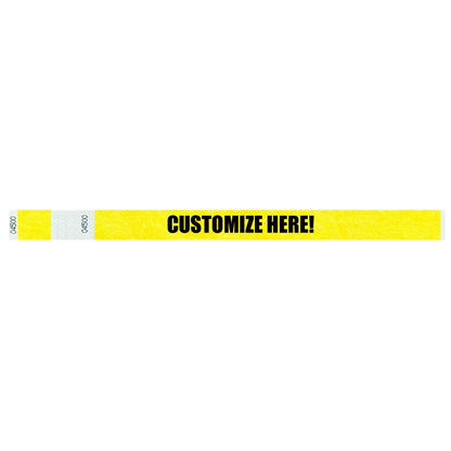 Tyvek detacheble stub wristband in neon yellow with text "CUSTOMIZE HERE!" in black - shown in flat 