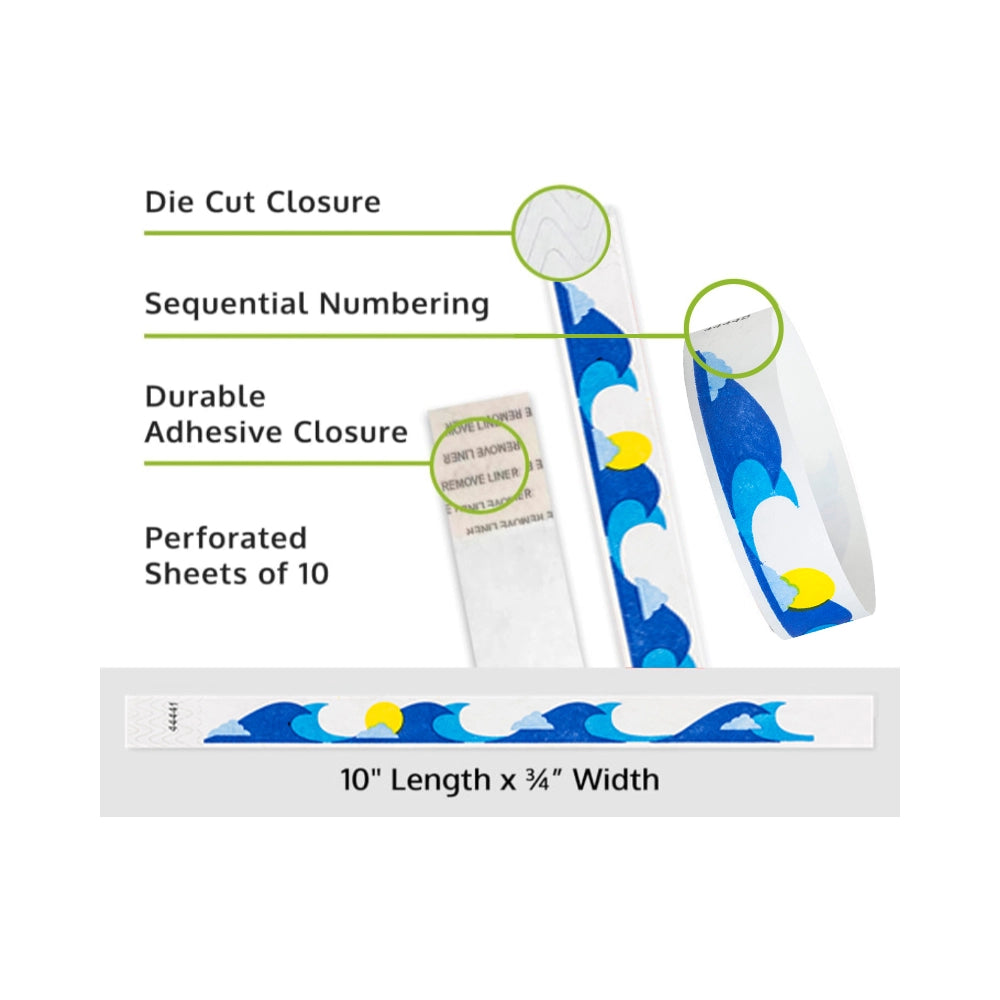 ocean breeze tyvek wristband detail product page showing the die cut adhesive closure, sequential numbering, perforated sheets of 10 and the dimensions.