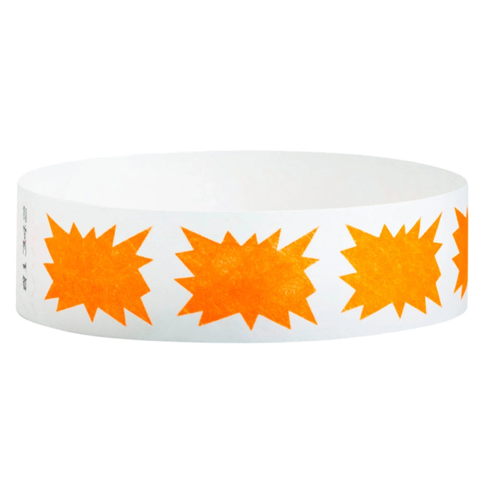 White tyvek wristband with neon orange starburst pattern - round version shown