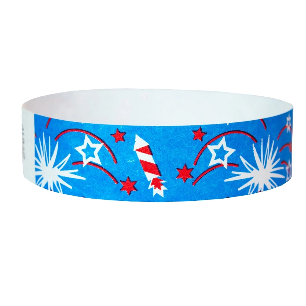 blue wristband with fireworks in red and white - shown in round