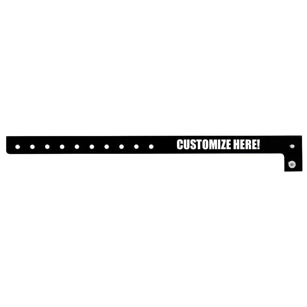 Plastic regular wristband in black with white text "CUSTOMIZE HERE!" - shown in flat 
