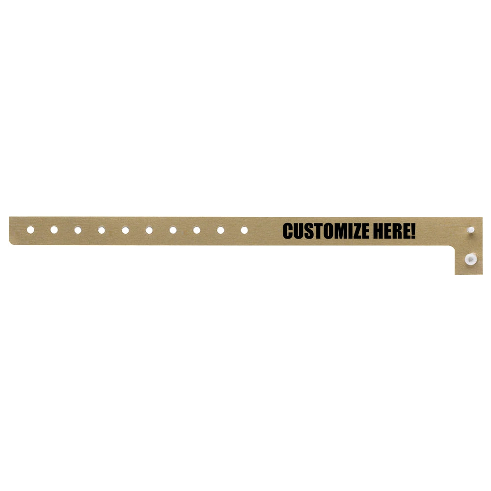 Plastic regular wristband in gold with black text "CUSTOMIZE HERE!" - shown in flat 
