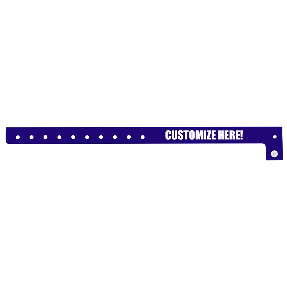 Plastic regular wristband in navy blue with black text "CUSTOMIZE HERE!" - shown in flat 