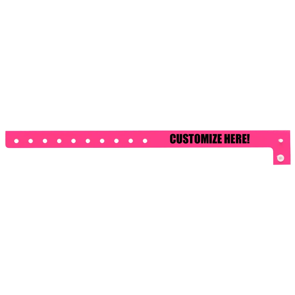 Plastic regular wristband in neon pink with black text "CUSTOMIZE HERE!" - shown in flat 