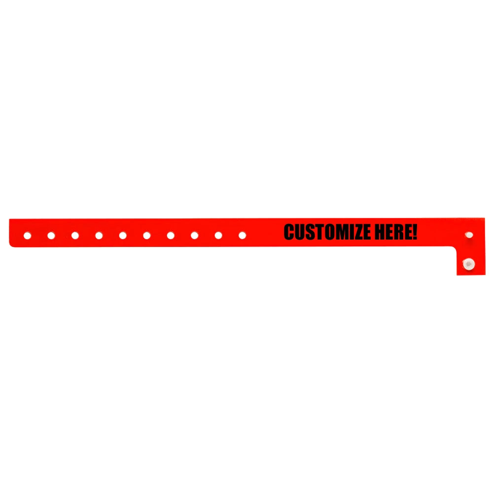 Plastic regular wristband in neon red with black text "CUSTOMIZE HERE!" - shown in flat 