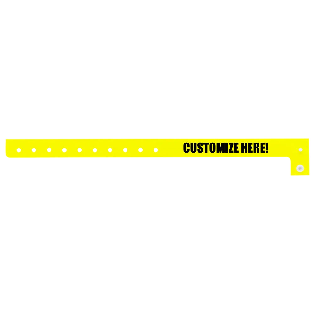 Plastic regular wristband in neon yellow with black text "CUSTOMIZE HERE!" - shown in flat 